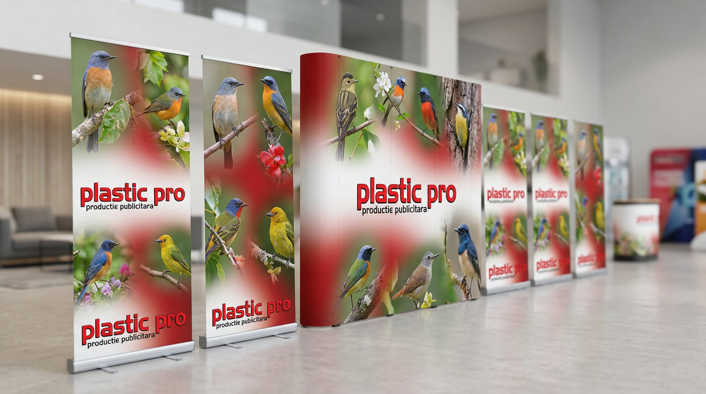 Roll-up-uri și pop-up Plastic Pro expuse într-un showroom