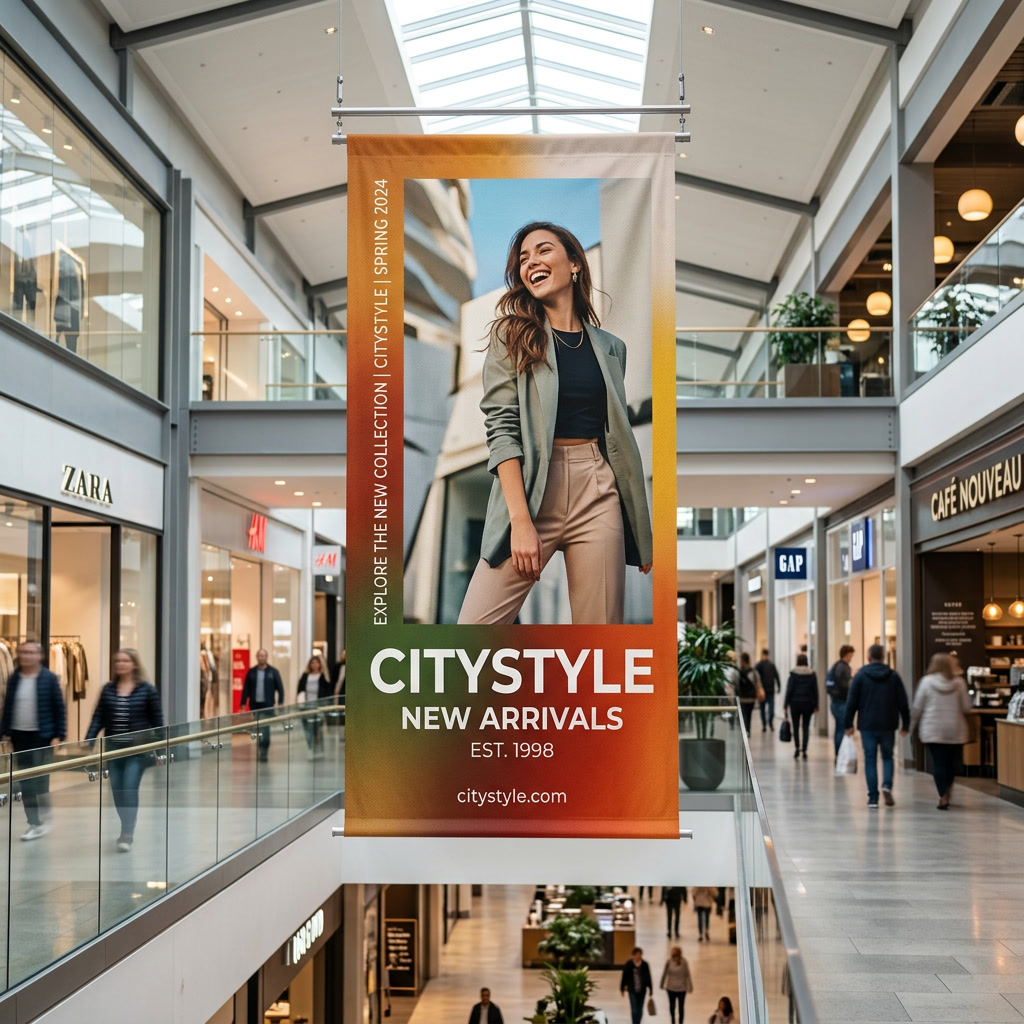 Print indoor — banner publicitar afișat într-un spațiu comercial