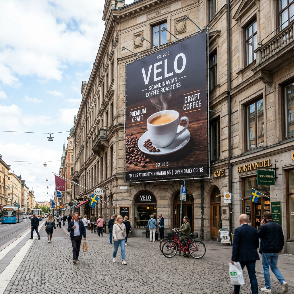 Print outdoor — banner publicitar montat pe fațada unei clădiri